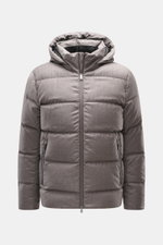 Front view of UBR Merino Down Jacket 'Savile' grey-brown melange, a slim fit puffer with quilted look, detachable hood, two-way zipper, and merino wool.