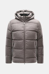 Front view of UBR Merino Down Jacket 'Savile' grey-brown melange, a slim fit puffer with quilted look, detachable hood, two-way zipper, and merino wool.