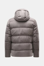 UBR Merino Down Jacket 'Savile' grey-brown melange shown from the back, featuring a detachable hood, quilted look, and warming down filling.
