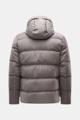 UBR Merino Down Jacket 'Savile' grey-brown melange shown from the back, featuring a detachable hood, quilted look, and warming down filling.