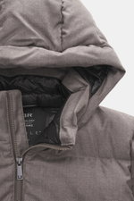UBR Merino Down Jacket 'Savile' grey-brown melange shown from a close-up top-front angle, highlighting the detachable hood, two-way zipper, and quilted look with pure merino wool and warming down filling, slim fit, high-closing stand-up collar, piped zipp