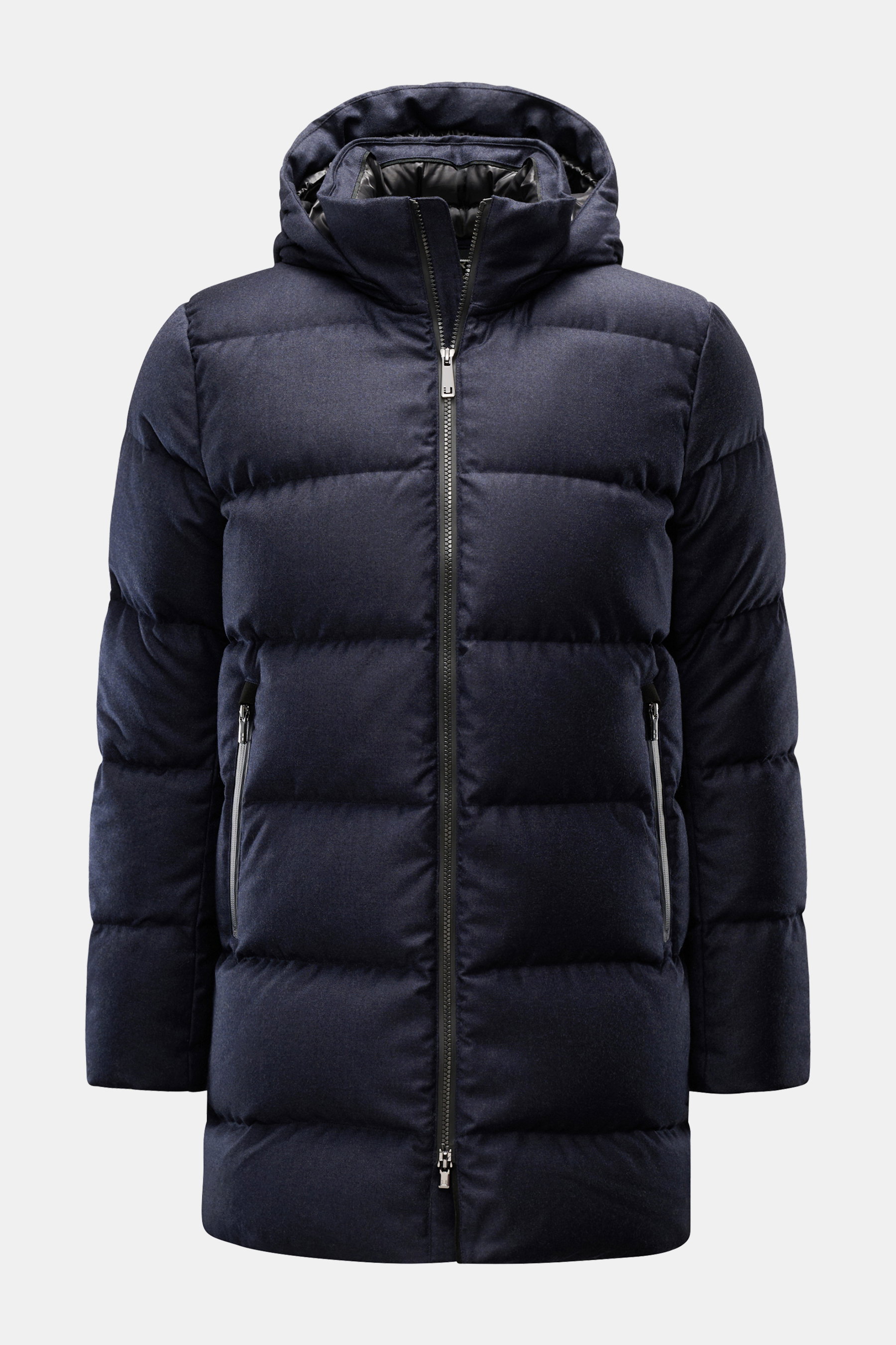 Front view of UBR Down jacket 'Concord' navy melange, a slim fit, quilted jacket with pure wool outer, warm down filling, detachable hood, two-way zipper, zippered front pockets, elastic cuffs, smooth lining fabric, and two inner pockets. Urban style meet