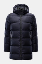 Front view of UBR Down jacket 'Concord' navy melange, a slim fit, quilted jacket with pure wool outer, warm down filling, detachable hood, two-way zipper, zippered front pockets, elastic cuffs, smooth lining fabric, and two inner pockets. Urban style meet