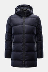 Front view of UBR Down jacket 'Concord' navy melange, a slim fit, quilted jacket with pure wool outer, warm down filling, detachable hood, two-way zipper, zippered front pockets, elastic cuffs, smooth lining fabric, and two inner pockets. Urban style meet