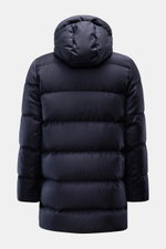 UBR Down jacket 'Concord' navy melange shown from the back, urban style with pure wool, soft touch, warm down filling, slim fit, two-way zipper, quilted detachable hood, zippered front pockets, elastic cuffs, smooth lining fabric, and two inner pockets. U