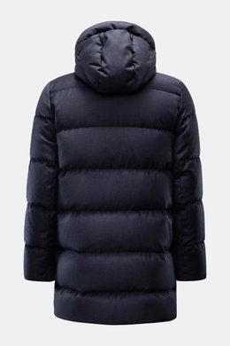 UBR Down jacket 'Concord' navy melange shown from the back, urban style with pure wool, soft touch, warm down filling, slim fit, two-way zipper, quilted detachable hood, zippered front pockets, elastic cuffs, smooth lining fabric, and two inner pockets. U
