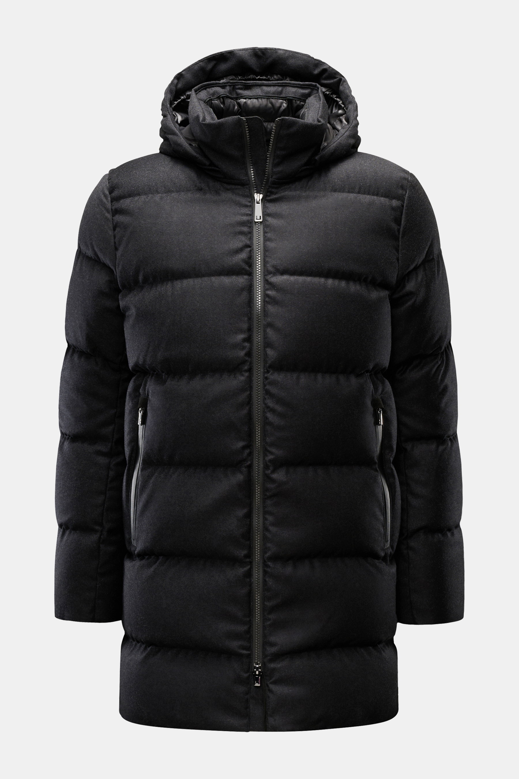 UBR Daunenjacke 'Concord' schwarz meliert, Frontansicht, Slim Fit, reine Wolle, weiche Daunenfüllung, Zwei-Wege-Reißverschluss, Kapuze abnehmbar.