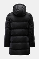 UBR Daunenjacke 'Concord' schwarz meliert, Rückansicht mit wattierter Kapuze, reine Wolle, Slim Fit, weicher Griff, wärmende Daunenfüllung.