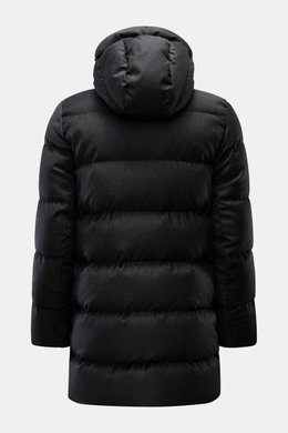 UBR Daunenjacke 'Concord' schwarz meliert, Rückansicht mit wattierter Kapuze, reine Wolle, Slim Fit, weicher Griff, wärmende Daunenfüllung.