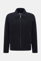 Frontansicht der 04651/ A trip in a bag Wolljacke 'Boiled Blouson' navy aus Bouclé-Strick, Slim Fit, Metall-Reißverschluss, Umlegekragen, schräge Taschen.