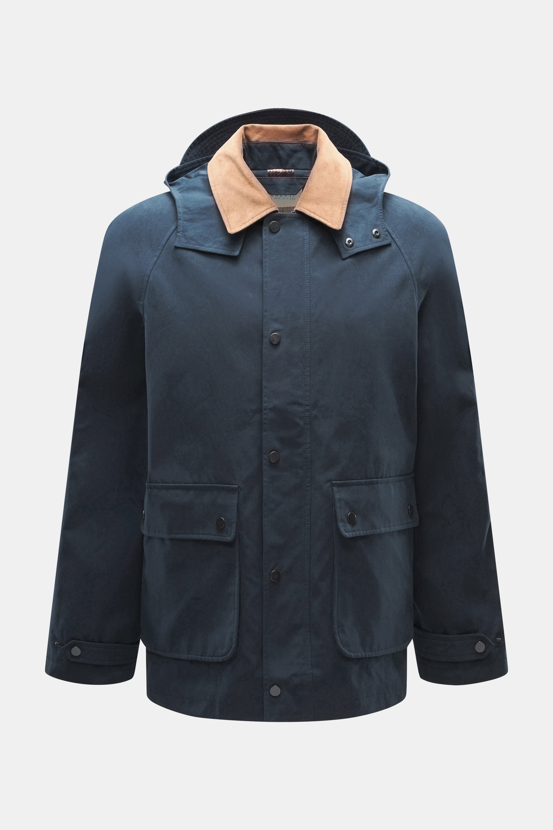 Front view of the 04651/ A trip in a bag Wax Jacket 'Sailor' navy/brown, a slim-fit waxed cotton and microfiber jacket with velvety corduroy collar, detachable hood, robust zipper, wind flap with snap buttons, patch pockets, raglan sleeves, and smooth fla