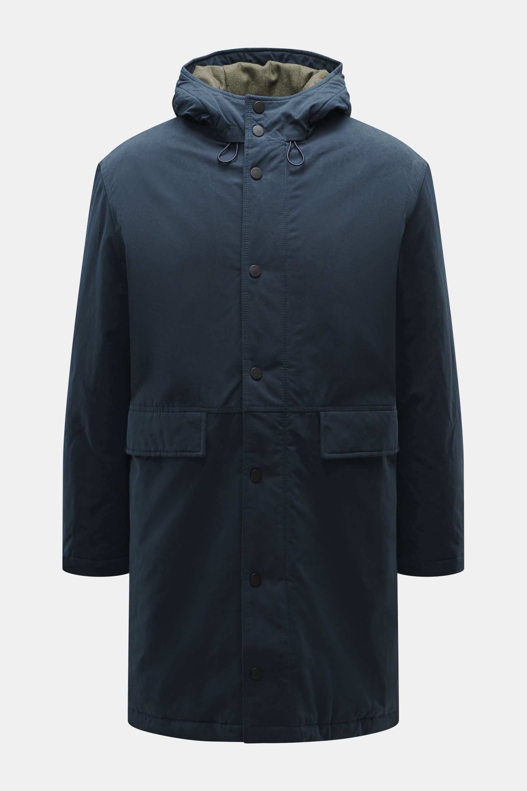 Frontansicht des navy Parka 04651/ A trip in a bag Parka 'Winter' mit Baumwoll-Microfaser-Mix, Oversized Fit, Kapuze, Reißverschluss, Windblende, großen Taschen, kontrastfarbenem Futter.