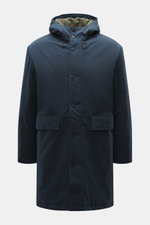 Frontansicht des navy Parka 04651/ A trip in a bag Parka 'Winter' mit Baumwoll-Microfaser-Mix, Oversized Fit, Kapuze, Reißverschluss, Windblende, großen Taschen, kontrastfarbenem Futter.