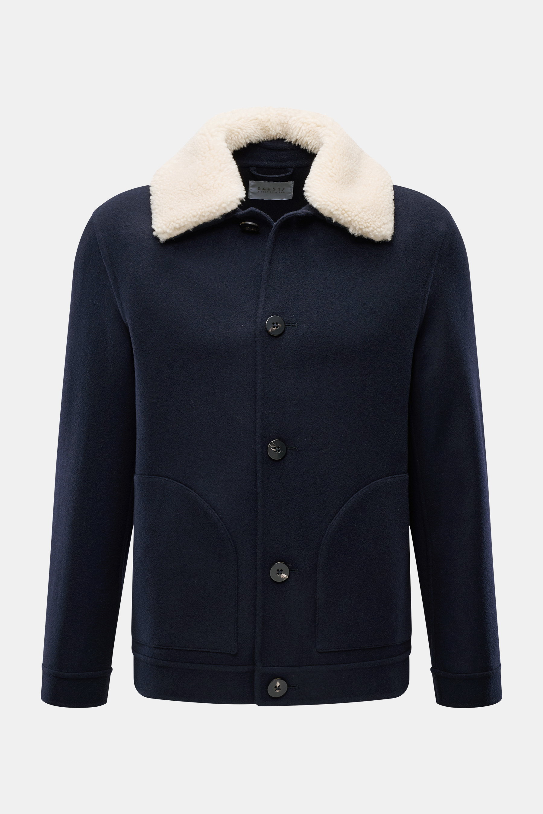 Front view of the 04651/ A trip in a bag Jacket 'Double Blouson' navy, a slim fit lightweight aviator jacket with four-button placket, soft wool blend, variable lambskin trim on turn-down collar, side pockets with snap button, unlined, and one inside pock