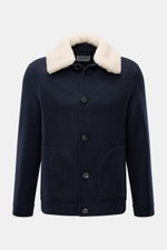 Front view of the 04651/ A trip in a bag Jacket 'Double Blouson' navy, a slim fit lightweight aviator jacket with four-button placket, soft wool blend, variable lambskin trim on turn-down collar, side pockets with snap button, unlined, and one inside pock