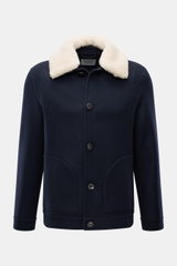 Front view of the 04651/ A trip in a bag Jacket 'Double Blouson' navy, a slim fit lightweight aviator jacket with four-button placket, soft wool blend, variable lambskin trim on turn-down collar, side pockets with snap button, unlined, and one inside pock