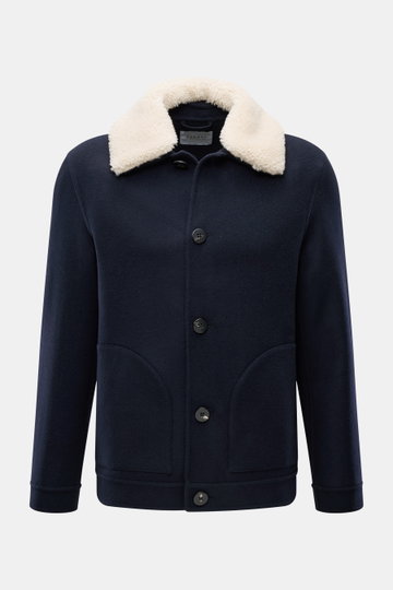 Front view of the 04651/ A trip in a bag Jacket 'Double Blouson' navy, a slim fit lightweight aviator jacket with four-button placket, soft wool blend, variable lambskin trim on turn-down collar, side pockets with snap button, unlined, and one inside pock