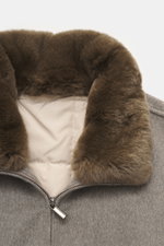 Close-up front view of Eddy Monetti Cashmere blouson 'Rius' grey melange showing detachable brown fur trim on stand-up collar and two-way zipper.

Description: <p>High-quality blouson by EDDY MONETTI: The model 'Rius' impresses with a comfortable fit made