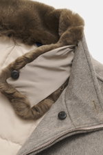 Close-up top-down view of Eddy Monetti Cashmere blouson 'Rius' grey melange showing soft cashmere fabric, two buttons, zipper, and detachable real fur trim on stand-up collar.

Description:
<p>High-quality blouson by EDDY MONETTI: The model 'Rius' impress