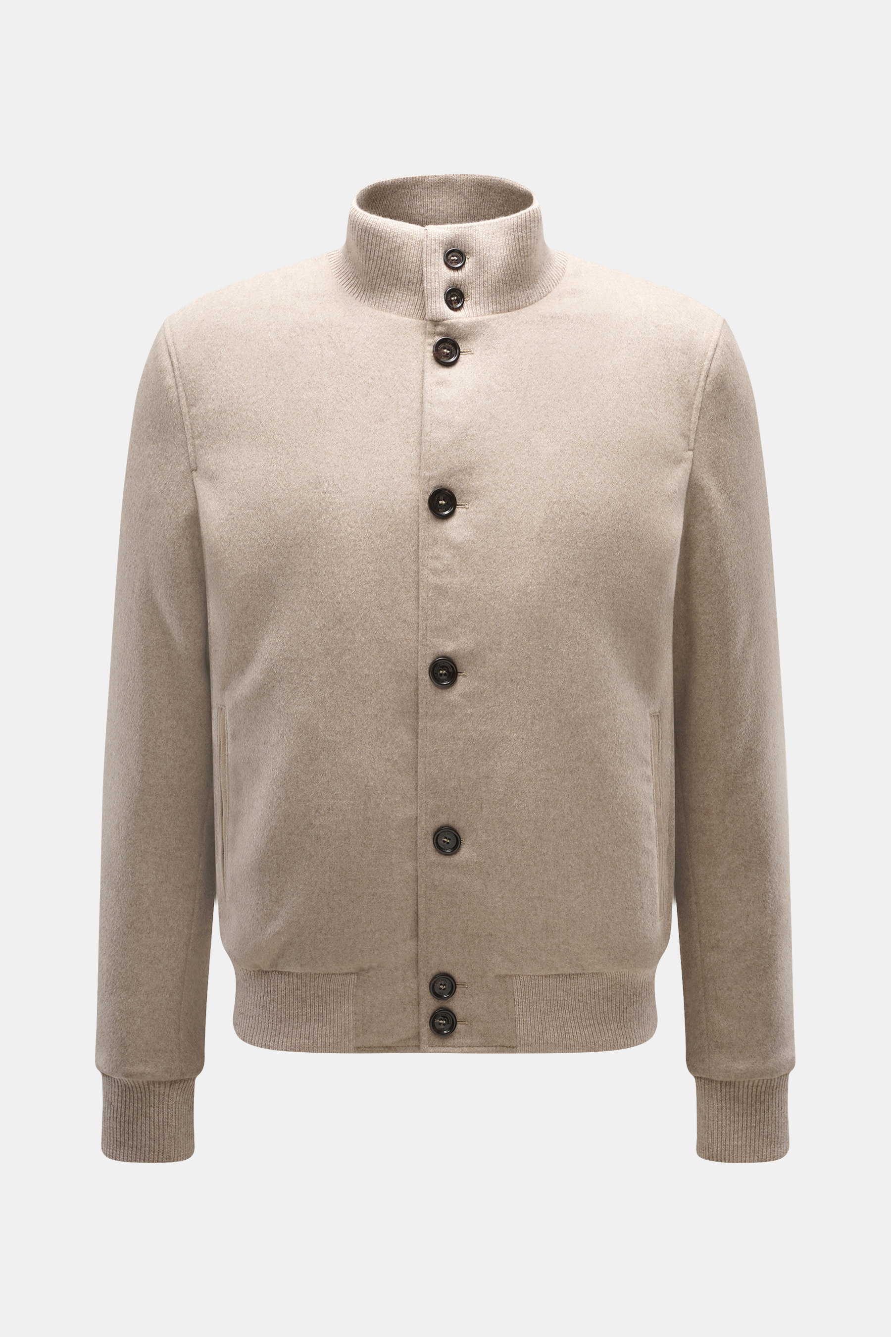 Eddy Monetti Cashmere Daunenblouson 'Teos' beige, Frontansicht, leichter Daunenblouson mit Cashmere, Stehkragen, Rippbündchen, sechs Knöpfe.