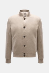Eddy Monetti Cashmere Daunenblouson 'Teos' beige, Frontansicht, leichter Daunenblouson mit Cashmere, Stehkragen, Rippbündchen, sechs Knöpfe.