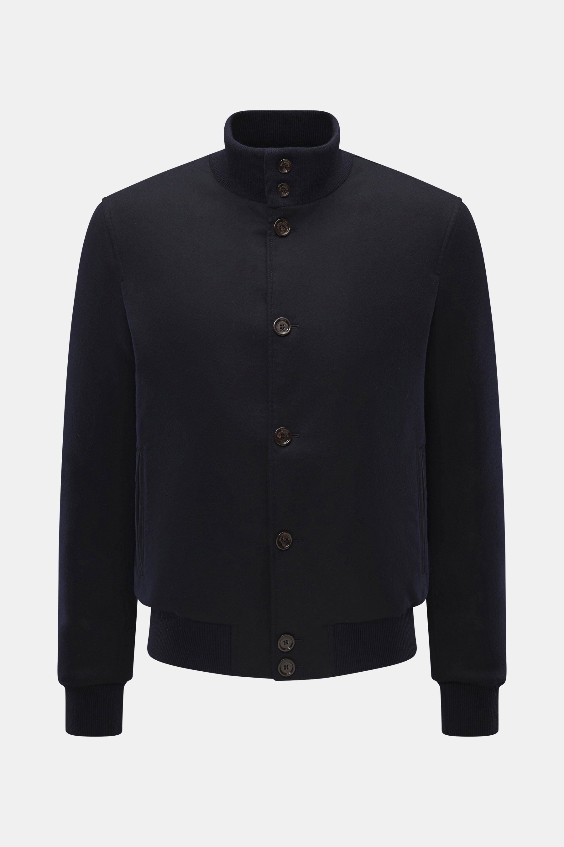 Eddy Monetti Cashmere down blouson 'Teos' beige shown from front, regular fit with six-button placket, rib-knit stand-up collar, hip pockets with leather piping, ribbed cuffs, smooth quilted lining, two inner pockets, lightweight down filling, and soft ca