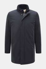 Vorderansicht der Eddy Monetti Jacke 'David' navy, hochwertige Microfaser, glatter Griff, wasserabweisend, Slim Fit, Zwei-Wege-Reißverschluss, Windblende mit verdeckten Druckknöpfen, Stehkragen mit abnehmbarem Strickbesatz, im Kragen versteckte Kapuze mit