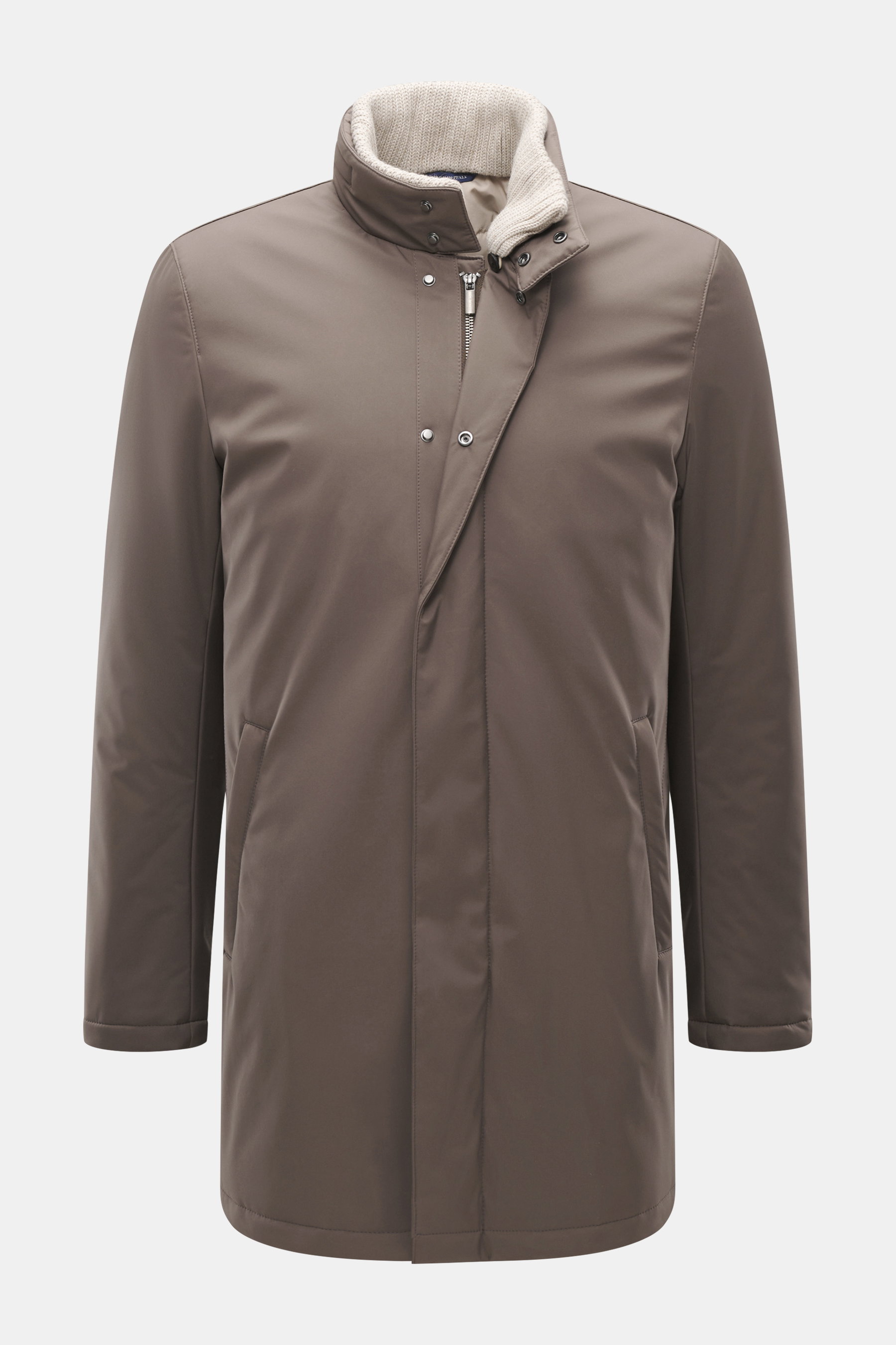 Eddy Monetti Jacke 'David' taupe, Frontansicht, hochwertig, wasserabweisend, Slim Fit, Zwei-Wege-Reißverschluss, Stehkragen mit Strick, regulierbar, zwei Innentaschen.