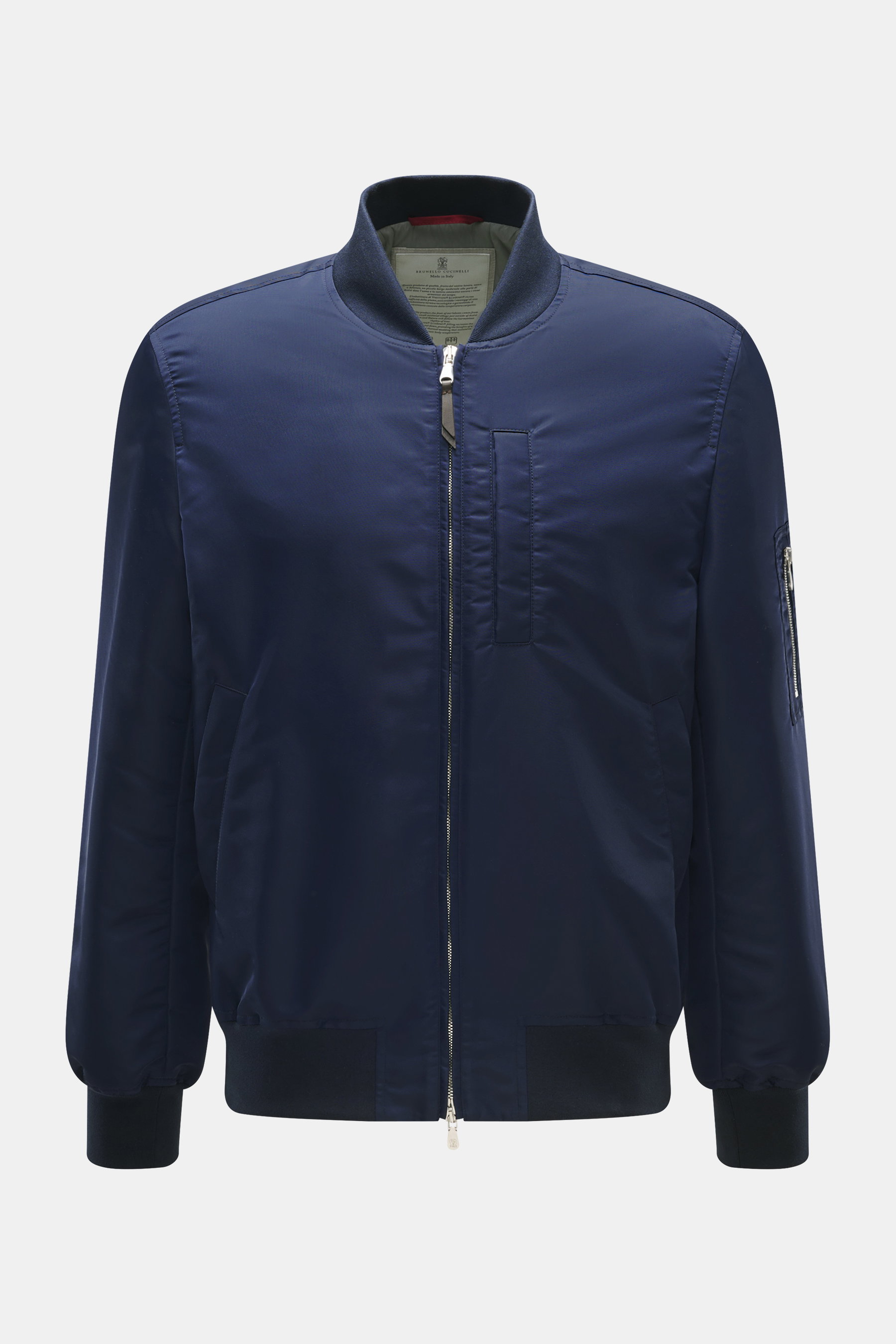 Front view of Brunello Cucinelli Dark Blue Blouson bomber jacket made of high-quality microfiber with smooth touch, light padding, and elastic cuffs.

Description for content:
<p>Cool through autumn: This bomber jacket by BRUNELLO CUCINELLI impresses with