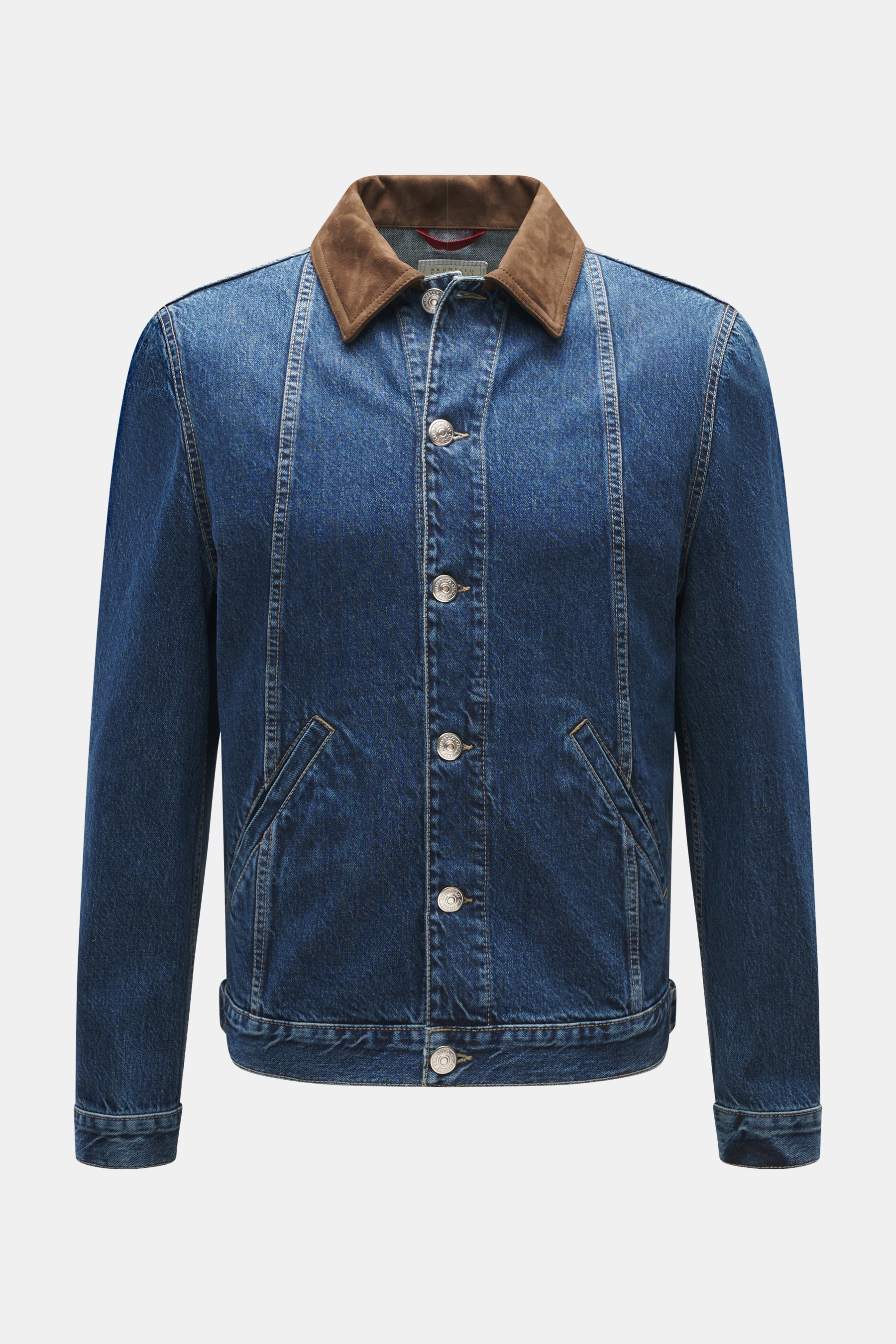 Front view of Brunello Cucinelli Dark blue denim jacket with suede leather turn-down collar, six-button placket, and piped front pockets.

Description: 
<p>Elegant casual piece: The denim jacket from BRUNELLO CUCINELLI made of pure cotton complements soph
