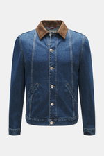 Frontansicht der Brunello Cucinelli Jeansjacke dunkelblau aus reiner Baumwolle mit Velourslederkragen, Slim Fit, sechs Knöpfen und paspelierten Taschen.