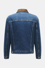Brunello Cucinelli Jeansjacke dunkelblau, Rückansicht, Denim aus reiner Baumwolle, Veloursleder-Umlegekragen, Slim Fit, Knopfleiste, Ärmel mit Knopf.