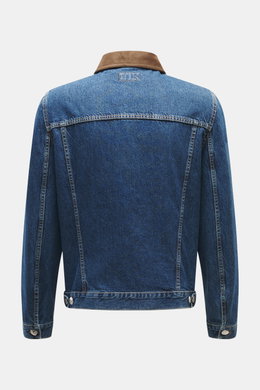 Brunello Cucinelli Jeansjacke dunkelblau, Rückansicht, Denim aus reiner Baumwolle, Veloursleder-Umlegekragen, Slim Fit, Knopfleiste, Ärmel mit Knopf.