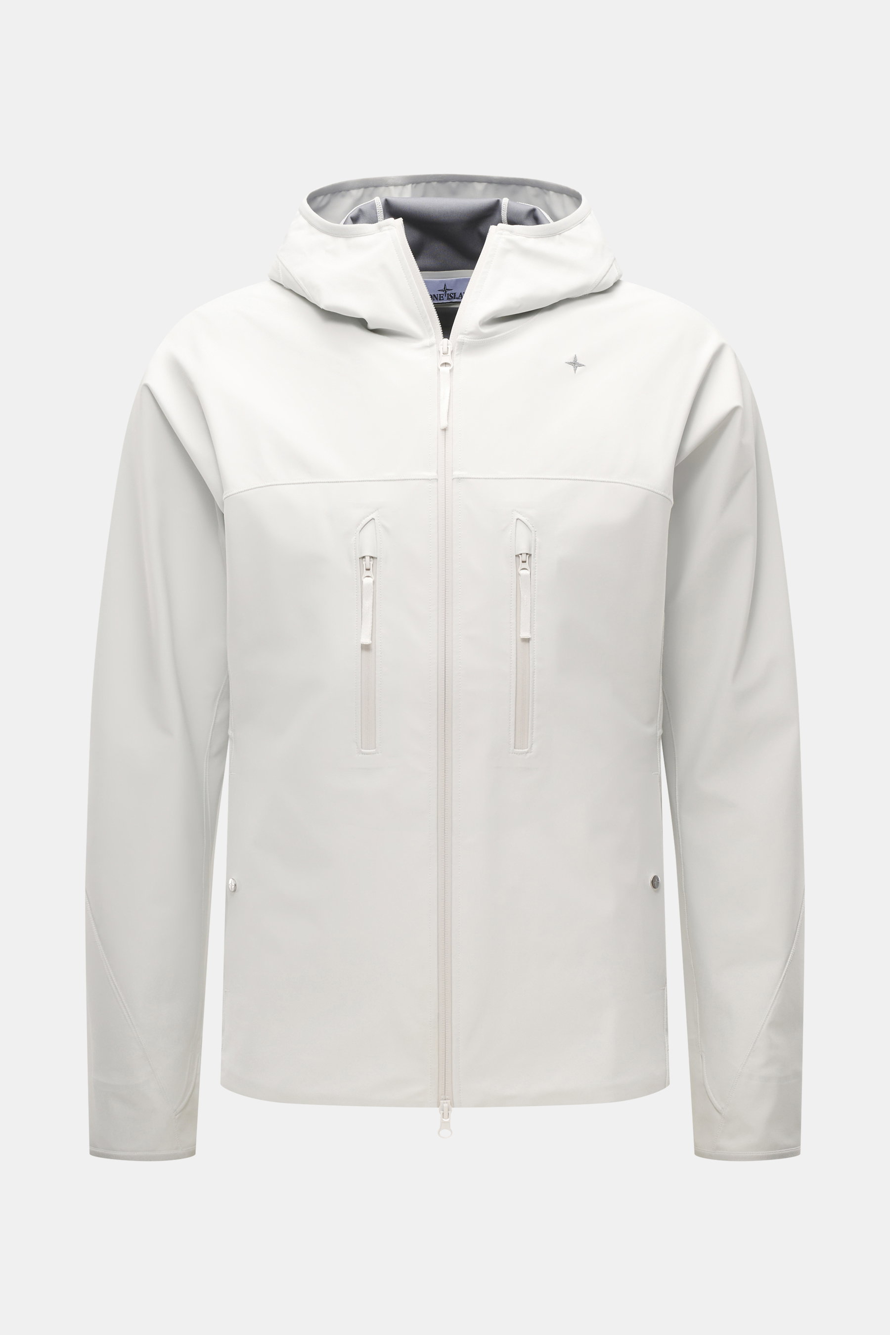 Stone Island Jacke 'Stellina' offwhite, Frontansicht, hochwertige Microfaser, wind- und wasserabweisend, Regular Fit, Zwei-Wege-Reißverschluss, Kapuze, Zipper-Brusttaschen, Druckknopf-Fronttaschen, Ärmel mit Daumenloch, regulierbarer Saum.