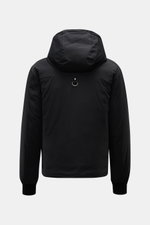 Rear view of the Moose Knuckles Down jacket 'Northdale' black with hood, showing smooth microfiber, ribbed cuffs, and a metal ring detail.