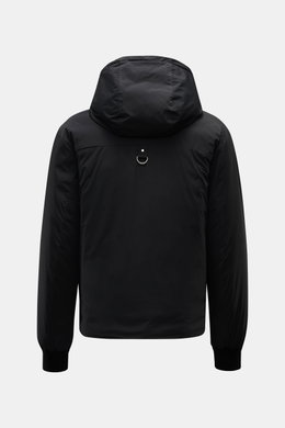 Rear view of the Moose Knuckles Down jacket 'Northdale' black with hood, showing smooth microfiber, ribbed cuffs, and a metal ring detail.