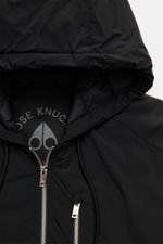 Close-up front view of Moose Knuckles Down jacket 'Northdale' black with hood, two-way zipper, and zippered chest pocket, sporty and slim fit.