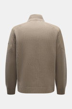 Back view of Moose Knuckles Down blouson 'Magnus Knit Hybrid' taupe, slim fit with high-quality microfiber, wool knitted sleeves, soft touch, durable two-way zipper, high ribbed collar, metal logo on upper arm, hip pockets with flap, light down filling, o