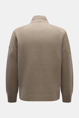 Back view of Moose Knuckles Down blouson 'Magnus Knit Hybrid' taupe, slim fit with high-quality microfiber, wool knitted sleeves, soft touch, durable two-way zipper, high ribbed collar, metal logo on upper arm, hip pockets with flap, light down filling, o