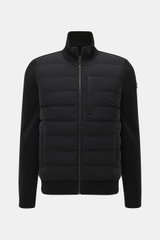 Front view of Moose Knuckles Down Blouson 'Kamet Hybrid' black, made of viscose and microfiber, knitted back and sleeves, soft touch, slim fit, robust two-way zipper, high closing ribbed collar, typical metal logo on upper arm, slanted hip pockets, light 