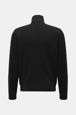 Back view of Moose Knuckles Down Blouson 'Kamet Hybrid' black, slim fit, made of viscose and microfiber, knitted back and sleeves, soft touch, with robust two-way zipper, high closing ribbed collar, typical metal logo on upper arm, slanted hip pockets, li