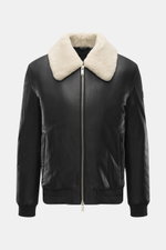 Front view of Moose Knuckles Leather blouson 'Toba Bomber' black with lambskin collar, slim fit, two-way zipper, and metal logo on upper arm.

Description: <p>Perfect for urban winter looks: The 'Toba Bomber' blouson from MOOSE KNUCKLES made of fine leath