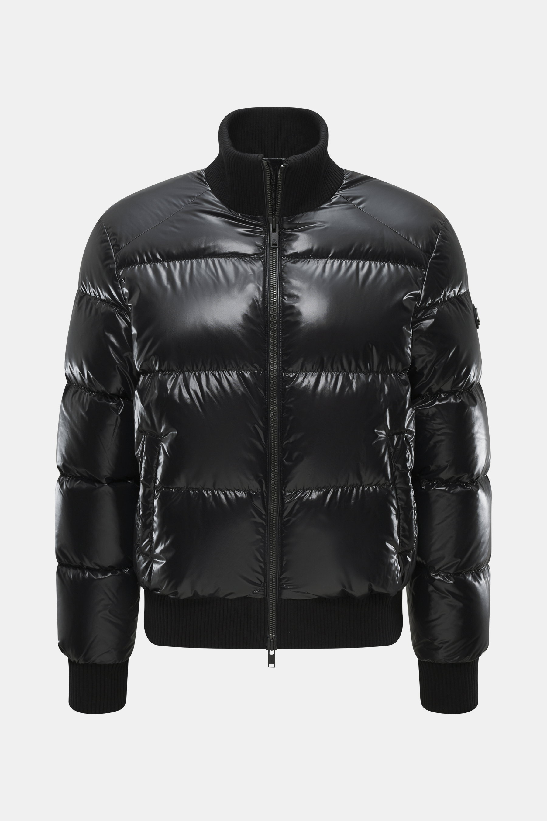 Front view of Moose Knuckles Down blouson 'King's Puffer' black jacket in high-quality microfiber, slim fit with warm down filling, two-way zipper, ribbed knit blouson collar, snap button front pockets, rubberized upper arm label, elastic hem and cuffs, a