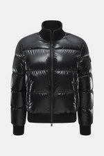 Front view of Moose Knuckles Down blouson 'King's Puffer' black jacket in high-quality microfiber, slim fit with warm down filling, two-way zipper, ribbed knit blouson collar, snap button front pockets, rubberized upper arm label, elastic hem and cuffs, a