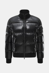 Front view of Moose Knuckles Down blouson 'King's Puffer' black jacket in high-quality microfiber, slim fit with warm down filling, two-way zipper, ribbed knit blouson collar, snap button front pockets, rubberized upper arm label, elastic hem and cuffs, a