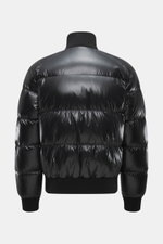 Back view of Moose Knuckles Down blouson "King's Puffer" black, slim fit with high-quality microfiber, warm down filling, ribbed knit blouson collar, elastic hem and cuffs. Features two-way zipper, front pockets with snap button, rubberized label on upper