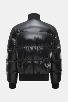 Back view of Moose Knuckles Down blouson "King's Puffer" black, slim fit with high-quality microfiber, warm down filling, ribbed knit blouson collar, elastic hem and cuffs. Features two-way zipper, front pockets with snap button, rubberized label on upper