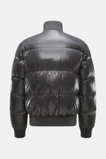 Moose Knuckles Down blouson 'King's Puffer' grey shown from the back, slim fit with high-quality microfiber, warm down filling, two-way zipper, typical blouson collar made of ribbed knit, front pockets with snap button, rubberized label on upper arm, elas