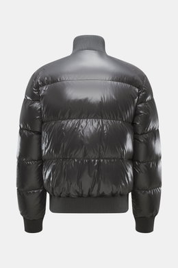 Moose Knuckles Down blouson 'King's Puffer' grey shown from the back, slim fit with high-quality microfiber, warm down filling, two-way zipper, typical blouson collar made of ribbed knit, front pockets with snap button, rubberized label on upper arm, elas