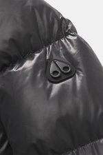Close-up front-side view of Moose Knuckles Down blouson 'King's Puffer' grey made of high-quality microfiber, slim fit with warm down filling, two-way zipper, typical ribbed knit blouson collar, front snap button pockets, rubberized label on upper arm, el